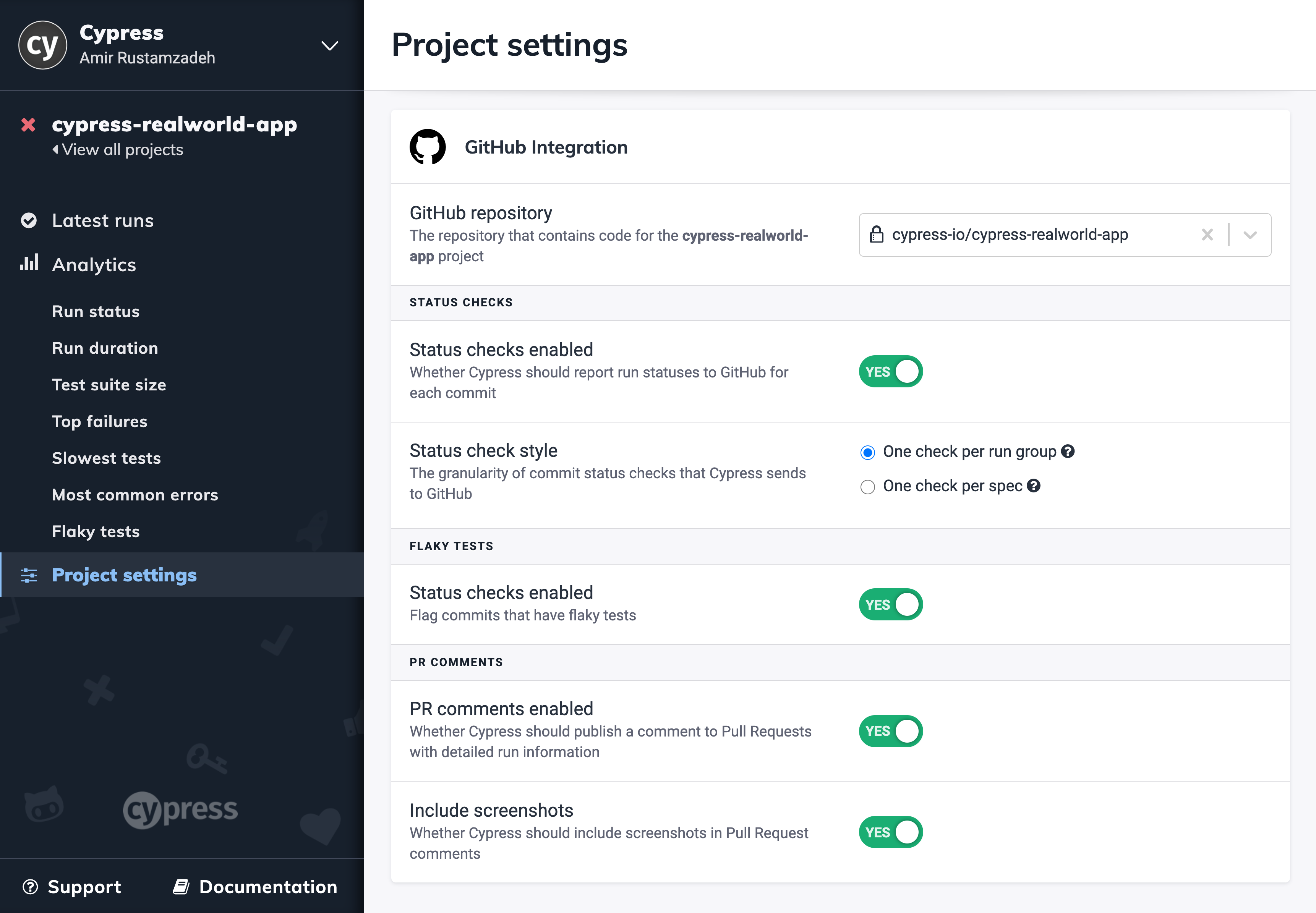 GitHub flake alert settings